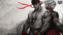 Rule 34 | 1990s (style), 1boy, 2boys, abs, black hair, copyright name, dougi, eyebrows, gloves, grey background, headband, highres, ken masters, looking at viewer, looking back, male focus, monochrome, multiple boys, muscular, pectorals, ryu (street fighter), serious, shirt, short sleeves, signature, simple background, sleeveless, spot color, stanley lau, street fighter, street fighter ii (series), street fighter v, thick eyebrows, upper body, wallpaper
