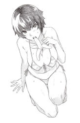Rule 34 | 1girl, arizuka (catacombe), arm support, banana, between breasts, bikini, breasts, cleavage, eating, food, fruit, highres, kneeling, large breasts, monochrome, navel, original, sexually suggestive, short hair, solo, striped bikini, striped clothes, swimsuit