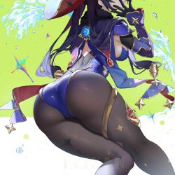 Rule 34 | 1girl, absurdres, ass, ass focus, black pantyhose, breasts, genshin impact, gloves, hair ornament, hand up, hat, highres, koi han, leotard, long hair, looking at viewer, medium breasts, mona (genshin impact), pantyhose, purple hair, ribbon, skindentation, solo, thighlet, twintails, water, witch hat