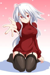 Rule 34 | 1girl, black thighhighs, borrowed character, breasts, fuurin rei, garter straps, glasses, ikune juugo, large breasts, long hair, looking at viewer, original, outstretched hand, red eyes, seiza, sitting, smile, solo, sweater, thighhighs, white hair