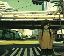 Rule 34 | 1girl, backpack, bag, black hair, blouse, car, cardigan, cityscape, commentary, crosswalk, day, hands in pockets, intersection, kensight328, motor vehicle, original, outdoors, scenery, shirt, short hair, solo, traffic light, white shirt
