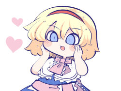 Rule 34 | 1girl, alice margatroid, ascot, blonde hair, blue dress, blue eyes, blush, capelet, chahan (fried rice0614), chibi, dress, frilled ascot, frilled capelet, frilled dress, frilled ribbon, frills, hair between eyes, hairband, hands on own cheeks, hands on own face, heart, open mouth, pink ascot, pink ribbon, red hairband, ribbon, short hair, simple background, smile, solo, touhou, upper body, waist ribbon, white background, white capelet