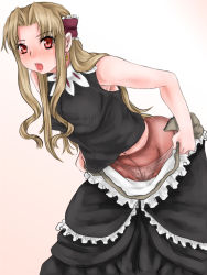 Rule 34 | 00s, blonde hair, blush, coyote ragtime show, january, january (coyote ragtime show), long hair, maid, pantyhose, red eyes, solo, undressing