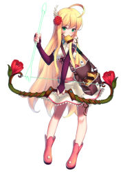 Rule 34 | 1girl, ahoge, arrow (projectile), blonde hair, bow (weapon), bridal gauntlets, elbow gloves, facial tattoo, flower, food, gloves, green eyes, hair flower, hair ornament, highres, long hair, looking at viewer, mouth hold, original, s-goon, simple background, solo, tattoo, very long hair, weapon, white background