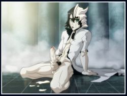 Rule 34 | 1boy, :p, anma (ryuichi87), arm support, arrancar, black hair, black nails, bleach, bottomless, colored skin, cum, cum on body, expressionless, facial mark, foreskin, green eyes, hair between eyes, large penis, male focus, masturbation, nail polish, number tattoo, penis, pubic hair, sitting, skull, solo, tattoo, tongue, tongue out, torn clothes, ulquiorra cifer, uncensored, veins, veiny penis, white skin