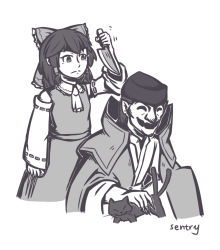 Rule 34 | 1boy, 1girl, ascot, between fingers, bow, capelet, commentary, detached sleeves, english commentary, fangs, fortune teller (touhou), frown, greyscale, hair bow, hair tubes, hakurei reimu, hat, highres, holding, holding knife, holding weapon, hollow eyes, imminent hit, japanese clothes, knife, looking down, medium hair, monochrome, motion lines, multiple tails, nekomata, nontraditional miko, petting, pointy ears, ribbon-trimmed sleeves, ribbon trim, sentry24, shirt, sidelocks, simple background, sketch, skirt, sleeveless, sleeveless shirt, smile, tail, touhou, two tails, weapon, white background, wide sleeves