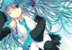Rule 34 | 1girl, aqua eyes, aqua hair, bad id, bad pixiv id, detached sleeves, female focus, from above, gradient background, hatsune miku, long hair, lying, necktie, on back, shimotsuki eri, solo, twintails, very long hair, vocaloid, wince