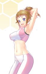 Rule 34 | (tat), 10s, 1girl, :d, armpits, arms behind head, arms up, bike shorts, blue eyes, blush, breasts, brown hair, cowboy shot, gundam, gundam build fighters, gundam build fighters try, highres, hoshino fumina, large breasts, midriff, navel, open mouth, short hair, smile, solo, sports bra, sweat, white background