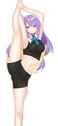 Rule 34 | 1girl, absurdres, armpits, arms behind back, bike shorts, black shorts, breasts, commentary, frenchi yuzuriha, gradient hair, hair between eyes, highres, hololive, hololive indonesia, leg lift, leg up, long hair, md5 mismatch, moona hoshinova, multicolored hair, purple hair, resolution mismatch, self-upload, shorts, solo, source smaller, split, standing, standing on one leg, standing split, star (symbol), stomach, virtual youtuber