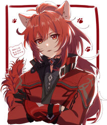Rule 34 | 1boy, animal ears, black gloves, cat ears, coat, diluc (genshin impact), diluc (red dead of night) (genshin impact), genshin impact, gloves, hair between eyes, highres, jacket, long hair, male focus, ponytail, red coat, red eyes, red hair, red jacket, simple background, tongue, tongue out, white background, yuu (mboj fdk)