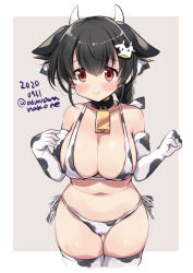 Rule 34 | 1girl, animal print, bell, black hair, blush, breasts, cow print, cow print bikini, cowbell, cowboy shot, dated, elbow gloves, gloves, hair between eyes, jingei (kancolle), kantai collection, large breasts, navel, neck bell, odawara hakone, one-hour drawing challenge, print bikini, red eyes, short hair, smile, solo, thighhighs, twitter username, white gloves