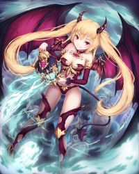 Rule 34 | 1girl, arm warmers, bad id, bad pixiv id, bare shoulders, blonde hair, breasts, brown thighhighs, choker, cleavage, demon girl, demon horns, demon tail, demon wings, full body, ghost, graveyard, h2o (dfo), holding, holding lantern, horns, lantern, long hair, looking at viewer, looking up, medium breasts, midriff, original, red eyes, smile, solo, tail, thighhighs, twintails, wings