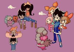 Rule 34 | 3boys, 5girls, :d, ana (warioware), arm hug, arms up, ashley (warioware), black bodysuit, black eyes, black footwear, black hair, bloomers, blue pants, blue shirt, blunt bangs, bodysuit, bow, braid, braided ponytail, brown eyes, brown hair, closed mouth, cloud, coat, commentary request, cropped torso, demon, dress, exercising, expressionless, facial hair, fangs, freckles, glasses, gloves, green eyes, grey hair, hair between eyes, hair bow, hair ornament, hands in opposite sleeves, heart, heart hair ornament, high ponytail, highres, kat (warioware), lab coat, long hair, long sleeves, looking at viewer, lulu (warioware), master mantis, multiple boys, multiple girls, multiple views, mustache, nintendo, open clothes, open coat, open mouth, orange hair, pants, penny crygor, pinafore dress, pink hair, ponytail, purple background, purple footwear, purple pants, push-ups, red (warioware), red bow, red dress, red eyes, red footwear, rinabee (rinabele0120), round eyewear, shirt, shoes, short hair, short sleeves, short twintails, siblings, sidelocks, simple background, single braid, sisters, sitting, sleeveless, sleeveless dress, smile, smirk, solid circle eyes, standing on person, swept bangs, thick eyebrows, twin braids, twintails, underwear, v-shaped eyebrows, vambraces, very long hair, warioware, white bloomers, white coat, white gloves, white shirt, whorled clouds, young cricket