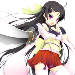 Rule 34 | 1girl, ahoge, bare shoulders, black hair, blush, breasts, cowboy shot, face, fingerless gloves, flower, gloves, hair flower, hair ornament, hair ribbon, hairclip, half updo, hand up, holding, holding sword, holding weapon, jougen, long hair, looking at viewer, looking to the side, obi, off shoulder, open mouth, original, outstretched arm, parted bangs, pleated skirt, purple eyes, reaching, reaching towards viewer, red skirt, ribbon, ribbon-trimmed legwear, ribbon-trimmed thighhighs, ribbon trim, sash, simple background, skirt, solo, sword, tassel, thighhighs, very long hair, weapon, white background, wide sleeves, yellow ribbon, zettai ryouiki, zipper