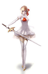 Rule 34 | 1girl, aqua eyes, ascot, blonde hair, boots, dress, elbow gloves, gloves, hair ribbon, iori yakatabako, looking at viewer, original, ribbon, simple background, solo, sword, thigh boots, thighhighs, walking, weapon, white background, white dress, white gloves, white thighhighs, zettai ryouiki
