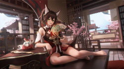 Rule 34 | 1girl, animal ears, architecture, barefoot, black panties, black shirt, blue sky, breasts, brown hair, cherry blossoms, day, east asian architecture, fox ears, fox girl, green eyes, hair between eyes, highres, honkai: star rail, honkai (series), indoors, legs, ling dianxia, long hair, multicolored hair, no shoes, paid reward available, panties, pantyshot, ponytail, red hair, shirt, sky, small breasts, solo, streaked hair, tingyun (honkai: star rail), toes, underwear