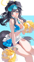 Rule 34 | 1girl, animal ears, arm tattoo, black hair, black tail, blue archive, blue eyes, blue panties, blush, breasts, bright pupils, cheerleader, criss-cross halter, crop top, detached collar, dog ears, dog girl, dog tail, eyewear on head, facial mark, halo, halterneck, hibiki (blue archive), hibiki (cheer squad) (blue archive), long hair, looking at viewer, medium breasts, midriff, mikan03 26, millennium cheerleader outfit (blue archive), miniskirt, official alternate costume, open mouth, panties, pom pom (cheerleading), sidelocks, skirt, solo, star (symbol), star facial mark, stomach, tail, tattoo, text print, thighs, two-tone background, underwear, white pupils