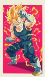 Rule 34 | 1boy, arm up, bare shoulders, biceps, blonde hair, blue bodysuit, bodysuit, boots, border, bure (fantasticyouth7), collarbone, dragon ball, dragonball z, electricity, energy, full body, gloves, green eyes, highres, looking at viewer, male focus, muscular, muscular male, outside border, parted bangs, pectorals, red background, shadow, simple background, sleeveless, sleeveless bodysuit, smile, solo, spiked hair, standing, super saiyan, super saiyan 1, v-shaped eyebrows, vegeta, veins, white border, white footwear, white gloves, widow&#039;s peak