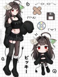 Rule 34 | 1girl, ahoge, artist name, asymmetrical legwear, bandaid, bandaid on arm, bandaid on cheek, bandaid on face, belt, belt buckle, black belt, black choker, black footwear, black jacket, black shirt, black skirt, boots, breasts, brown hair, buckle, bug, cable, cable tail, cd, chibi, choker, closed mouth, clothes writing, computer virus, cropped shirt, cross-laced footwear, crossed bandaids, ear piercing, electric plug, electric plug tail, floppy disk, full body, garter straps, grey thighhighs, grid background, hair intakes, heart, heart choker, highres, insect, jacket, kaomoji, knee boots, lace-up boots, long hair, long sleeves, looking at viewer, luna moth, mechanical tail, midriff, miniskirt, mismatched legwear, mole, mole under eye, moth, multiple views, navel, open clothes, open jacket, original, outline, piercing, pleated skirt, print shirt, red eyes, ringed eyes, shirt, silk moth, single leg pantyhose, single off shoulder, single thighhigh, skirt, sleeveless, sleeveless shirt, sleeves past fingers, sleeves past wrists, small breasts, spaghetti strap, spiked choker, spikes, standing, sticker, striped clothes, striped thighhighs, tail, thighhighs, twitter username, vickie (cryingrobot), vickie (cryingrobot) (character), white background, white outline