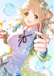 Rule 34 | 1girl, absurdres, blonde hair, bottle, bow, bowtie, breasts, brown eyes, bubble, collared shirt, dutch angle, green jacket, hair bun, highres, holding, holding bottle, huge filesize, ichikawa hinana, idolmaster, idolmaster shiny colors, jacket, large breasts, long hair, noctchill (idolmaster), om otk, open mouth, parted bangs, plaid, plaid skirt, shirt, side bun, single side bun, skirt, solo, white shirt