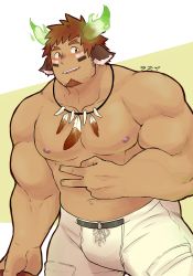 Rule 34 | 1boy, absurdres, american football uniform, animal ears, bara, blush, brown eyes, brown hair, bulge, cow boy, cow ears, cow horns, dark-skinned male, dark skin, facial hair, feather necklace, fiery horns, forked eyebrows, glowing horns, goatee, highres, horns, large pectorals, male focus, muscular, muscular male, navel, nipples, pants, pectorals, topless male, short hair, sideburns, smile, solo, spiked hair, sportswear, stomach, thick eyebrows, tokyo houkago summoners, torazaki, v, wakan tanka, white pants