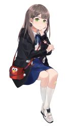Rule 34 | 1girl, bad id, bad pixiv id, bag, bandaid, bandaid on knee, bandaid on leg, black coat, blue ribbon, blue skirt, blush, brown hair, cherim, closed mouth, coat, collared shirt, elmo, full body, green eyes, hand on own cheek, hand on own face, hand up, highres, holding, holding pen, invisible chair, kneehighs, long hair, long sleeves, looking at viewer, mole, mole under eye, neck ribbon, nike (company), open clothes, open coat, original, pen, pleated skirt, ribbon, sesame street, shirt, shoes, shoulder bag, sidelocks, simple background, sitting, skirt, sneakers, socks, solo, white background, white footwear, white shirt, white socks