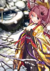 Rule 34 | 10s, 1girl, :d, black gloves, blurry, blush, branch, breasts, character request, depth of field, from above, gloves, hair between eyes, hair ribbon, holding, holding umbrella, horns, japanese clothes, kimono, last period, looking at viewer, medium breasts, niranome, oil-paper umbrella, open mouth, pink hair, pointy ears, ponytail, purple eyes, ribbon, smile, snow, snowing, solo, standing, umbrella, water, yellow ribbon