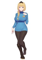 Rule 34 | 1girl, absurdres, band-width, black footwear, black pantyhose, blonde hair, blue sweater, boots, braid, braided ponytail, commission, hair ornament, highres, knee boots, pantyhose, ribbed sweater, smile, solo, sweater, white background