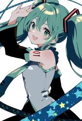 Rule 34 | 1girl, :d, arm at side, arm up, bare shoulders, black sleeves, blue ribbon, blush, commentary request, cowboy shot, detached sleeves, double-parted bangs, eyelashes, green eyes, green hair, green necktie, grey shirt, hair between eyes, happy, hatsune miku, head tilt, highres, long hair, looking at viewer, miku day, necktie, number tattoo, open hand, open mouth, ribbon, shirt, sidelocks, simple background, sleeveless, sleeveless shirt, smile, solo, sparkling eyes, standing, star (symbol), star print, suzuragi karin, tattoo, twintails, vocaloid, white background, wide sleeves