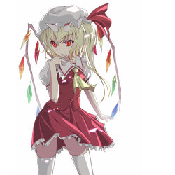 Rule 34 | 1girl, blonde hair, blouse, collared shirt, embodiment of scarlet devil, female focus, flandre scarlet, hair between eyes, hat, highres, mob cap, red eyes, shirt, simple background, solo, thighhighs, touhou, u jie, white background, white hat, white shirt, white thighhighs, wind, wings, zettai ryouiki