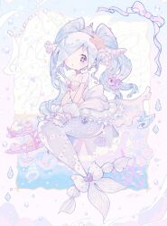 Rule 34 | + +, 1girl, :o, amakawa tamawo, blue eyes, bow, cake, cake slice, coral, cupcake, earrings, food, grey ribbon, hair over one eye, hair ribbon, head tilt, highres, jewelry, long hair, looking at viewer, mermaid, monster girl, one eye covered, original, pointy ears, purple bow, ribbon, solo, starfish hair ornament, tail, tail bow, tail ornament, tiara, twintails, very long hair, water, white bow