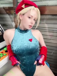 Rule 34 | 1girl, animated, ass, bare legs, bare shoulders, blonde hair, braid, breasts, cammy white, cammy white (cosplay), cosplay, curvy, fingerless gloves, gloves, green leotard, hat, highleg, highleg leotard, italian (nationality), large breasts, leotard, leotard pull, lifting own clothes, lips, long hair, looking at viewer, multiple views, photo (medium), real life, revealing clothes, skindentation, sleeveless, smile, sound, standing, street fighter, thong leotard, twin braids, very long hair, video, wide hips, yuriko tiger
