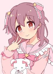 Rule 34 | 1girl, brown hair, commentary, dot nose, frilled ribbon, frilled sailor collar, frills, hair between eyes, hair down, hair ribbon, heart, highres, light blush, long hair, long sleeves, looking at viewer, murosaki miyo, official alternate costume, onii-chan wa oshimai!, pink background, pink sailor collar, puffy long sleeves, puffy sleeves, red eyes, ribbon, sailor collar, shin (ustir7), simple background, smile, solo, stuffed animal, stuffed toy, teddy bear, v