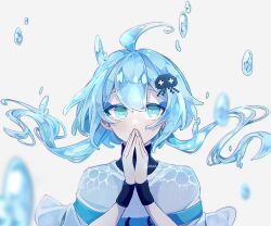 Rule 34 | 1boy, ahoge, artist name, black shirt, blue eyes, blue hair, blue shirt, lim (technoroid), looking at viewer, male focus, own hands together, shenaa, shirt, short sleeves, solo, technoroid, turtleneck, twintails, water drop, white background