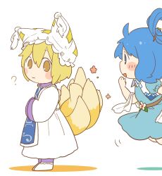 Rule 34 | 2girls, :s, ?, ahoge, animal ears, blonde hair, blue dress, blue eyes, blue hair, blue tabard, blush stickers, chibi, citrus (place), commentary request, dress, fox ears, fox tail, full body, hair rings, hand up, hands in opposite sleeves, hat, highres, kaku seiga, kitsune, looking at another, mob cap, multiple girls, multiple tails, profile, puffy short sleeves, puffy sleeves, short sleeves, simple background, standing, tabard, tail, touhou, vest, white background, yakumo ran, yellow eyes