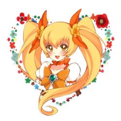 Rule 34 | 10s, 1girl, blonde hair, bow, brooch, choker, collarbone, cure sunshine, earrings, flower, hair flower, hair ornament, hair ribbon, heart, heart brooch, heartcatch precure!, jewelry, long hair, magical girl, myoudouin itsuki, open mouth, orange bow, precure, puffy sleeves, ribbon, sikuhima, simple background, smile, solo, twintails, yellow eyes
