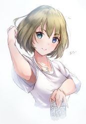 Rule 34 | 10s, 1girl, alcohol, arm up, armpit peek, bad id, bad pixiv id, beer, beer can, blue eyes, can, collarbone, cross, cross necklace, drink can, eyebrows, green eyes, green hair, hand in own hair, head tilt, heterochromia, holding, idolmaster, idolmaster cinderella girls, jewelry, light smile, lips, matching hair/eyes, mole, mole under eye, necklace, parted lips, pendant, portrait, rorona s., shirt, short hair, short sleeves, simple background, skecht, sketch, smile, soda can, solo, takagaki kaede, tareme, text focus, translation request, upper body, white background, white shirt