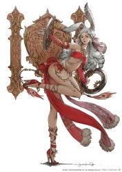 Rule 34 | 1girl, animal ears, anklet, bandeau, bare shoulders, blue eyes, bow, breasts, chakram, character request, choker, cleavage, dancer, elbow gloves, final fantasy, final fantasy xiv, gloves, harem outfit, high heels, highres, jewelry, long hair, midriff, official art, rabbit ears, silver hair, simple background, viera, weapon, yusuke mogi