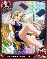 Rule 34 | 10s, 1girl, ahoge, asia argento, bishop (chess), blonde hair, breasts, card (medium), character name, chess piece, cleavage, falling, green eyes, high school dxd, long hair, navel, official art, open mouth, panties, pantyshot, solo, trading card, underwear, very long hair