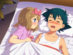 Rule 34 | 1boy, 1girl, ash ketchum, bed, black hair, blanket, blue eyes, blush, bow, breath, brown hair, collarbone, commentary, creatures (company), closed eyes, game freak, gen 1 pokemon, hair bow, head bump, looking at another, lying, mushi gyouza, nintendo, on back, on bed, on side, open mouth, pikachu, pillow, pokemon, pokemon (anime), pokemon (creature), pokemon xy (anime), revision, serena (pokemon), short hair, sleeping, snoring, under covers