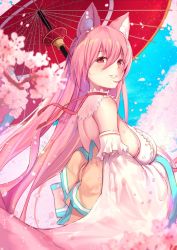 Rule 34 | animal ear fluff, animal ears, backless outfit, breasts, character request, cherry blossoms, copyright request, detached sleeves, fox ears, fox girl, highres, large breasts, long hair, long sleeves, parasol, parted lips, pink hair, red eyes, smile, umbrella, untue, very long hair, wide sleeves