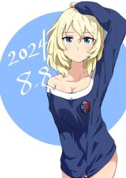 1girl bc_freedom_(emblem) bc_freedom_school_uniform blonde_hair blue_eyes blue_shirt blush breasts buchikaki cleavage closed_mouth collarbone dated emblem girls_und_panzer highres large_breasts looking_at_viewer medium_hair oshida_(girls_und_panzer) pajamas school_uniform shirt solo