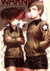 Rule 34 | 10s, 2girls, alisa (girls und panzer), black shorts, bomber jacket, breasts, brown eyes, brown hair, brown jacket, blowing bubbles, chain-link fence, chewing gum, closed mouth, cowboy shot, crossed arms, fence, freckles, frown, girls und panzer, hair ornament, hands in pockets, jacket, lain, long sleeves, looking at viewer, looking away, looking to the side, military, military uniform, mouth hold, multiple girls, naomi (girls und panzer), pocket, shade, shadow, short hair, short twintails, shorts, sign, small breasts, star (symbol), star hair ornament, twintails, uniform, very short hair, warning sign, zipper