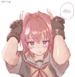 Rule 34 | 1girl, black gloves, black jacket, chicken99, commentary request, gloves, grey sailor collar, highres, horns pose, jacket, kantai collection, kinu (kancolle), kinu kai ni (kancolle), looking at viewer, one-hour drawing challenge, partially fingerless gloves, red hair, sailor collar, school uniform, serafuku, short hair, short sleeves, simple background, solo, spoken blush, upper body, white background
