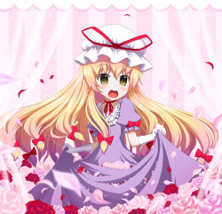 Rule 34 | 1girl, blonde hair, child, choker, dress, female focus, flower, hair ribbon, hat, long hair, mount whip, open mouth, petals, pink flower, pink rose, red flower, red rose, ribbon, rose, skirt basket, solo, touhou, very long hair, yakumo yukari, yakumo yukari (young), yellow eyes, aged down
