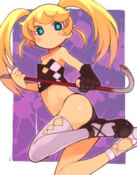 Rule 34 | 1girl, aqua eyes, asymmetrical clothes, bachera, bare shoulders, bikini, black gloves, blonde hair, blush stickers, bright pupils, crowbar, elbow gloves, female focus, flat chest, gloves, holding, holding crowbar, long hair, looking at viewer, navel, original, single elbow glove, single glove, single thighhigh, solo, swimsuit, thighhighs, twintails