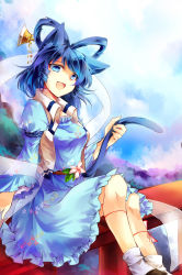 Rule 34 | 1girl, :d, animal ears, belt, blue dress, blue eyes, blue hair, cat day, cat ears, cat tail, commentary request, dress, flower, hair ornament, hair rings, hair stick, juliet sleeves, kaku seiga, kemonomimi mode, kutsuki kai, long sleeves, looking at viewer, looking down, matching hair/eyes, open clothes, open mouth, open vest, puffy sleeves, shawl, sitting, smile, solo, tail, tail grab, torii, touhou, vest
