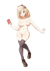 Rule 34 | 1girl, black thighhighs, blonde hair, blue eyes, blush, breasts, condom box, deerstalker, detective, empty eyes, full body, hair ornament, hanuma hanma, hat, highres, hololive, hololive english, large breasts, looking at viewer, medium hair, nipples, nude, okamoto condoms, open mouth, pussy, shoes, simple background, solo, thighhighs, thighs, virtual youtuber, watson amelia, white background