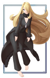 Rule 34 | 1girl, absurdres, barefoot, black coat, black pants, black shirt, blonde hair, breasts, cleavage, closed mouth, coat, commentary, creatures (company), cynthia (pokemon), eyelashes, feet, framed, full body, fur-trimmed coat, fur collar, fur trim, game freak, grey eyes, hair over one eye, highres, large breasts, long hair, long sleeves, nintendo, pants, pokemon, pokemon dppt, shirt, signature, solo, toes, v-neck, very long hair, wavy hair, x xith x