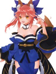 Rule 34 | 1girl, :3, absurdres, animal ear fluff, animal ears, bare shoulders, blue bow, blue kimono, blue thighhighs, bow, breasts, cleavage, detached sleeves, fang, fate/extella, fate/extella link, fate/extra, fate/extra ccc, fate/grand order, fate (series), fox ears, fox girl, fox shadow puppet, fox tail, highres, japanese clothes, kimono, large breasts, looking at viewer, open mouth, pink hair, shin (pixiv16010561), simple background, solo, split ponytail, tail, tamamo (fate), tamamo no mae (fate/extra), thighhighs, white background, yellow eyes